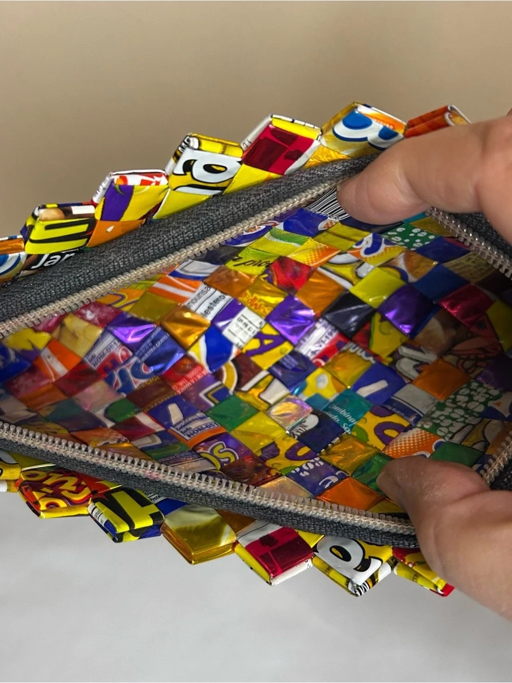 Handwoven Multicolor Recycled Wrappers-Clutch Bag,wallet,makeup case, pencil cas